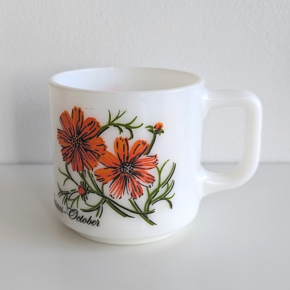 VTG Milk Glass October Coffee Mug or Tea Cup - Flower of the Month Cosmos - Picture 2 of 8